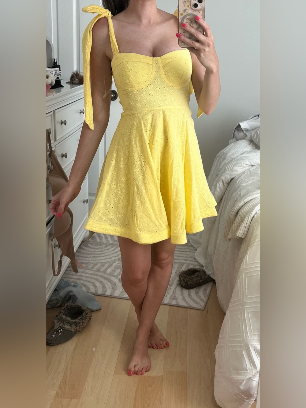 Hello Molly Yellow Eyelet Tie-Shoulder Mini Dress
